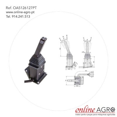 Joystick preto com base metálica e desenhos técnicos