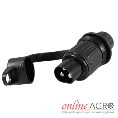 Conector elétrico preto com três pinos metálicos e tampa basculante