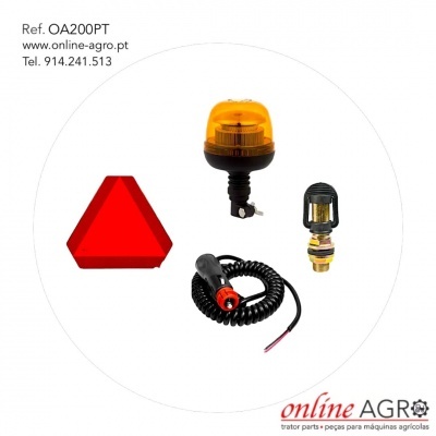 Peças para máquinas agrícolas incluindo triângulo refletor, luz sinalizadora amarela, válvula e cabo elétrico