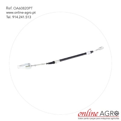 Cabo mecânico preto com extremidades metálicas prateadas e texto de referência e contacto