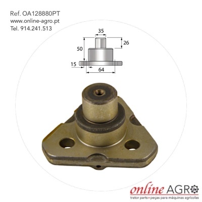 Peça metálica agrícola triangular com cilindro central e três furos com dimensões e texto de referência.