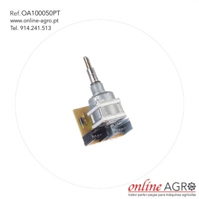 Potenciômetro rotativo com eixo metálico e placa de circuito numa superfície branca com texto e logotipo