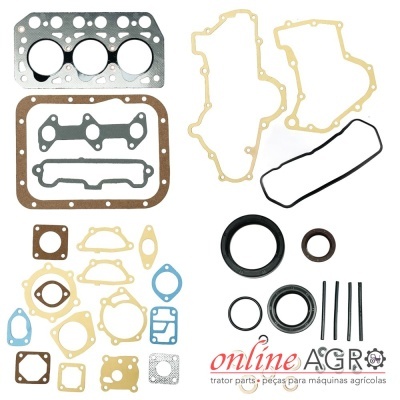 Peças de juntas e vedantes para motor em várias cores e materiais sobre fundo branco com texto da loja.