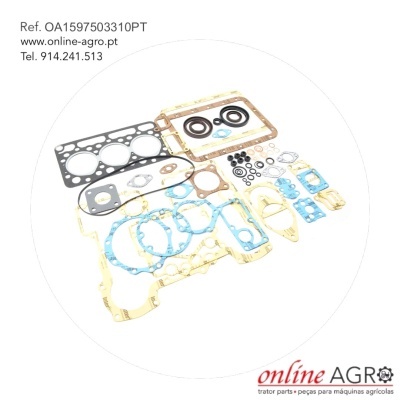 Conjunto de juntas para motor sobre fundo branco com texto e logótipo