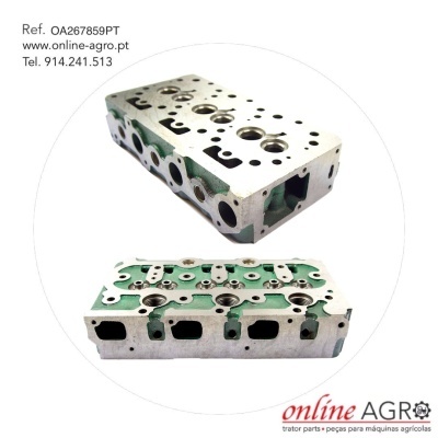 Cabeça de motor metálica com múltiplos orifícios em fundo branco com texto e logo