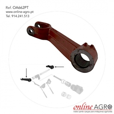 Braço metálico castanho com engrenagens e furos de fixação, texto de referência e contacto online-agro.pt