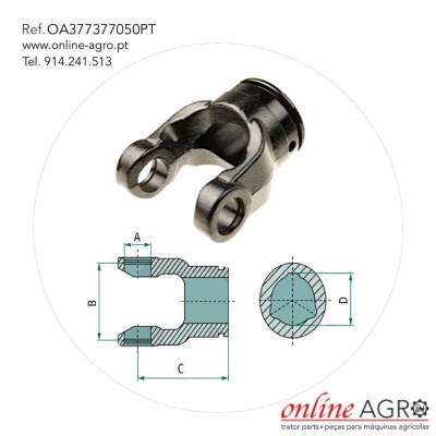 Peça metálica preta para máquinas agrícolas com desenho técnico e texto de referência