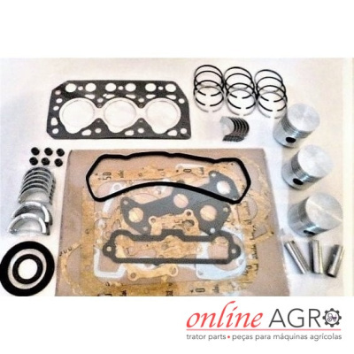 Kit de peças para motor agrícola com juntas, pistões, anéis e bronzinas sobre superfície clara
