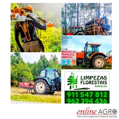 Colagem com trabalhador florestal, tratores, troncos de madeira e anúncio de limpezas florestais em Barcelos com contactos.