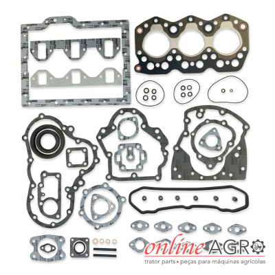 Conjunto de juntas para motor de trator em material composto cinza e preto com várias formas e anéis