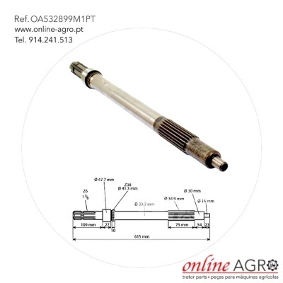 Eixo metálico com desenho técnico e texto de referência e contacto