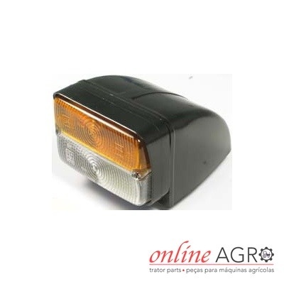 Lanterna preta com lentes amarela e branca em fundo branco e logótipo online AGRO