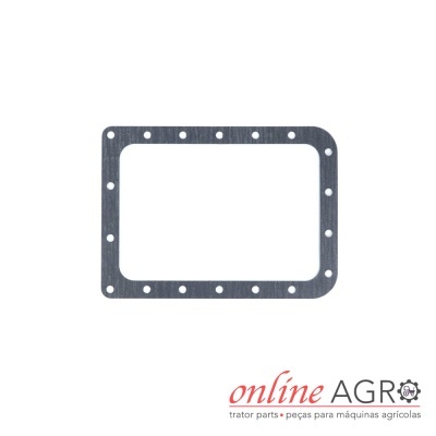 Junta retangular cinza escuro com orifícios em fundo branco e logo online AGRO.