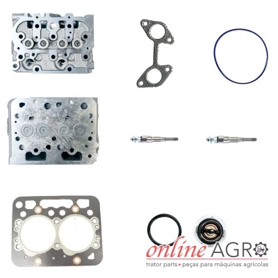 Peças metálicas para motor de trator dispostas sobre fundo branco com texto da marca