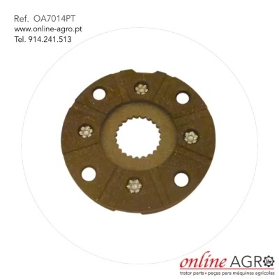 Peça circular mecânica castanha com orifícios e centro dentado sobre fundo branco com texto e logo online AGRO