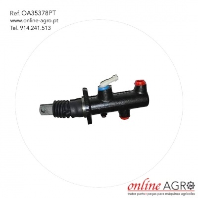 Peça agrícola metálica preta com válvulas coloridas e texto promocional