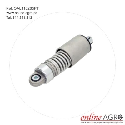 Amortecedor metálico com mola e rolamento, texto de referência e contacto