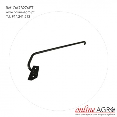 Gancho metálico preto com suporte para fixação sobre fundo branco com texto e logótipo