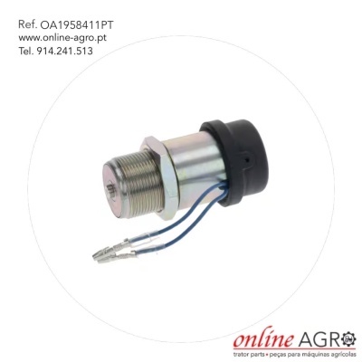 Sensor ou interruptor metálico com fios azuis e rosca, fundo branco