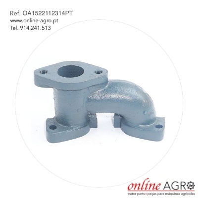 Peça metálica cinzenta com orifícios de fixação sobre fundo branco com referência e contacto