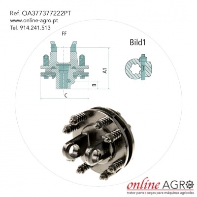 Peça metálica agrícola com parafusos e desenho técnico ao lado