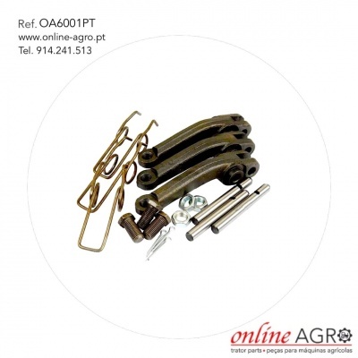 Peças metálicas para máquinas agrícolas em fundo branco com texto e logo visíveis