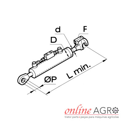 Desenho técnico de cilindro hidráulico com indicações de medidas e logotipo online AGRO