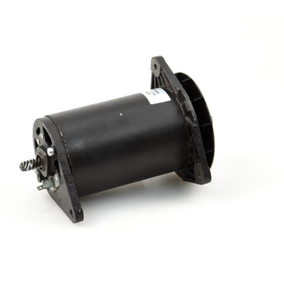 Motor elétrico preto com parafuso helicoidal e base retangular em fundo branco.