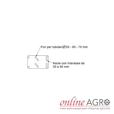 Placa metálica com orifícios e fendas, texto técnico e logotipo online AGRO