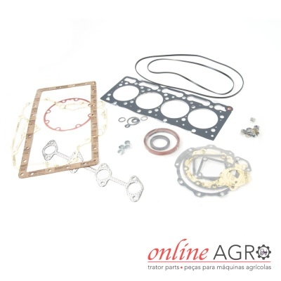 Conjunto de juntas e vedações para motor com várias formas e materiais num fundo branco e logotipo online AGRO.