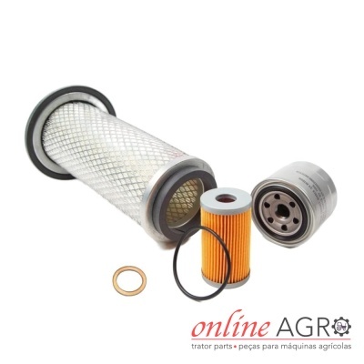 Conjunto de filtros para máquinas agrícolas com filtro de ar, óleo e papel e anéis vedantes.