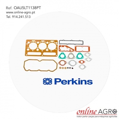 Conjunto de juntas para motor Perkins em fundo branco com texto de referência e contactos