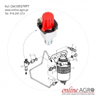 Válvula com cabeça vermelha e base metálica, esquema técnico e texto com referência e contato