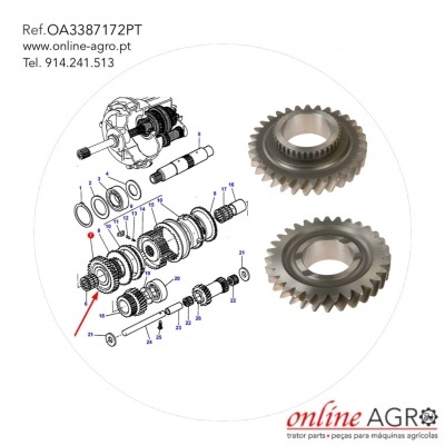 Duas engrenagens metálicas e esquema técnico de peça mecânica com indicação de contactos e referência.