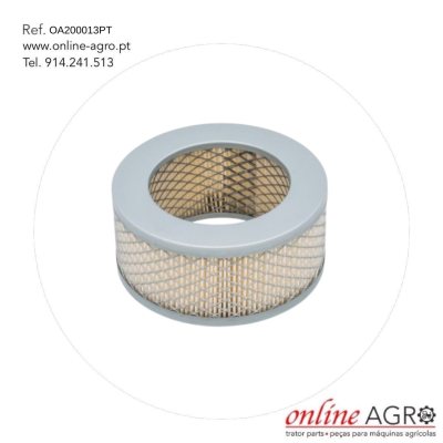 Filtro circular metálico com material filtrante e texto informativo em fundo branco