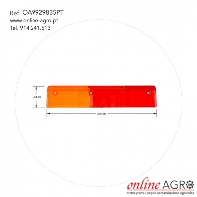 Farolim retangular laranja e vermelho com texto e medidas visíveis