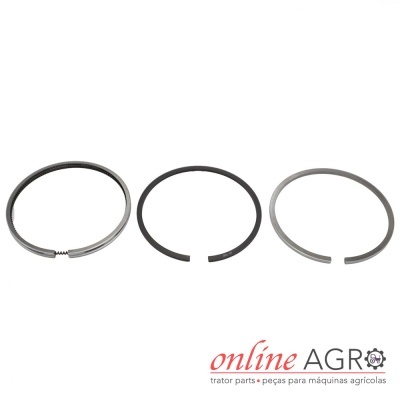 Três anéis metálicos para máquinas agrícolas sobre fundo branco com logo online AGRO