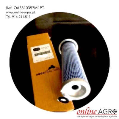 Filtro azul e branco com caixa laranja ARGO TRACTORS e texto de referência e contacto