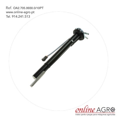 Peça metálica preta para máquinas agrícolas com trava, fundo branco e texto informativo