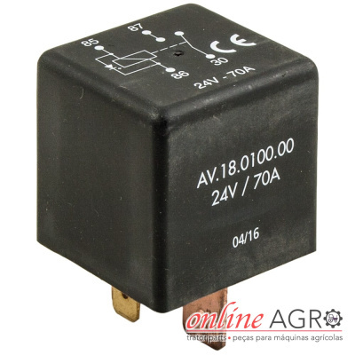 Relé elétrico preto com texto branco e terminal metálico