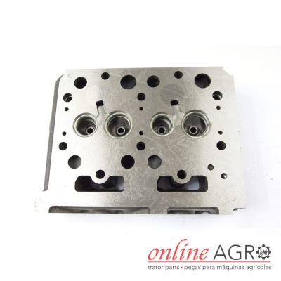 Cabeça de motor metálica cinzenta com orifícios em fundo branco e logotipo online AGRO