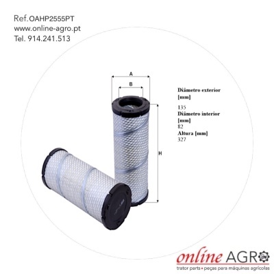 Filtro cilíndrico metálico com malha branca e extremidades pretas com dimensões e informações de contacto