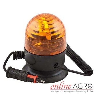 Luz de aviso amarela com base preta e cabo espiral ligado a conector isqueiro