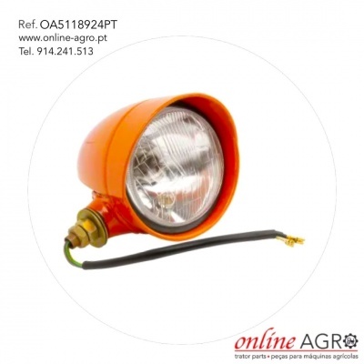 Farol redondo laranja com lente transparente e cabo elétrico