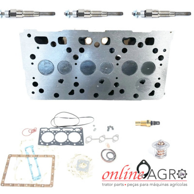 Conjunto de peças metálicas para motores agrícolas sobre fundo branco