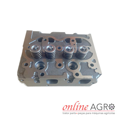 Cabeça de motor metálica com molas de válvula em fundo branco e logótipo online AGRO