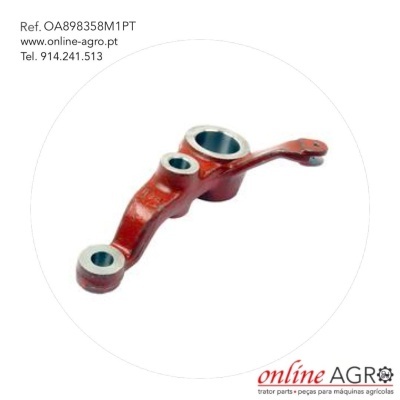 Peça metálica vermelha com três orifícios em fundo branco com texto de contacto