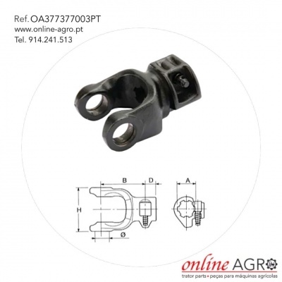 Peça metálica preta com orifícios e parafusos, com esquema técnico e texto de referência e contacto