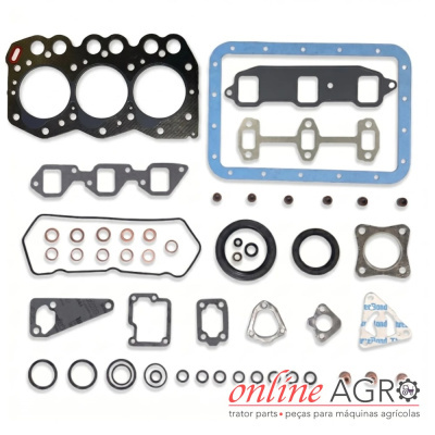 Conjunto de juntas e vedantes para motor sobre fundo branco com texto online AGRO