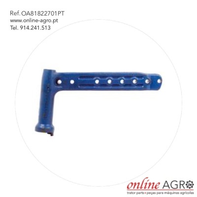 Pega metálica azul com orifícios e texto ao lado